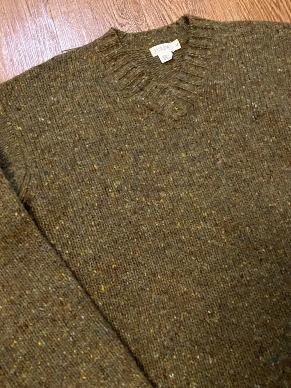 Vintage J Crew Sweater Shetland Wool V Neck XL Tweed Fleck Green Marled Pullover